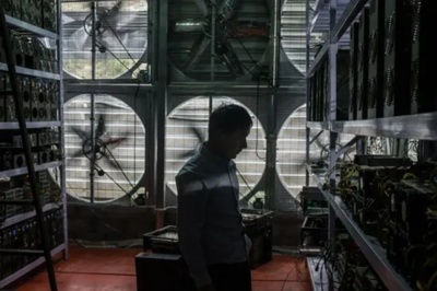 A view of a mining farm with a focus on networking equipment
