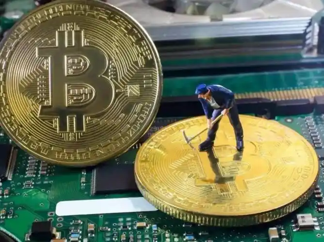 A bustling Bitcoin mining farm with rows of mining rigs