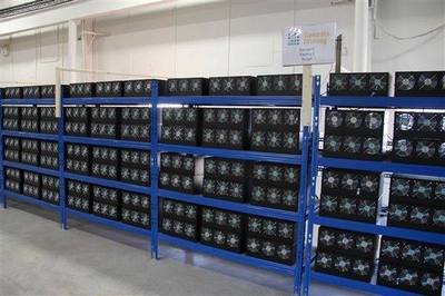 Vast cryptocurrency mining farm with rows of ASIC miners